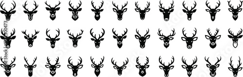 Collection of various deer antler silhouettes and head profiles displayed in a grid pattern for wildlife art and design vector christmas