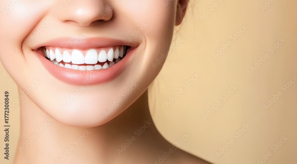 Obraz premium Woman smiling widely, showcasing perfectly aligned white teeth and healthy gums. Representing dental health and happiness