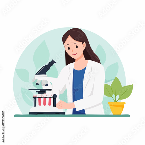 Female Scientist Using Microscope in Laboratory with Green Background - AI Generated