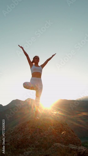Wallpaper Mural Woman Practicing Yoga Tree Pose On Mountain Peak At Sunrise Finding Balance Harmony And Mindfulness In Nature Spiritual Awakening Calm Energy Freedom Wellness Meditation Serenity Concept Torontodigital.ca