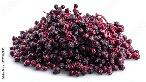 Dried elderberry fruits isolated top view, product photo, photorealistic