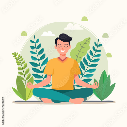 Man Meditating Outdoors Surrounded by Green Plants and Calm Nature - AI Generated