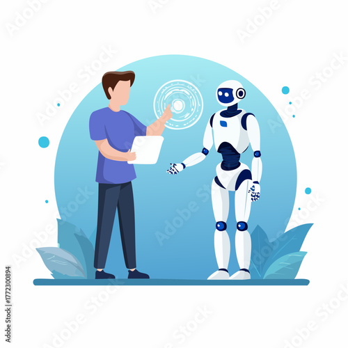 Man Interacting with Robot Through Holographic Interface - AI Generated