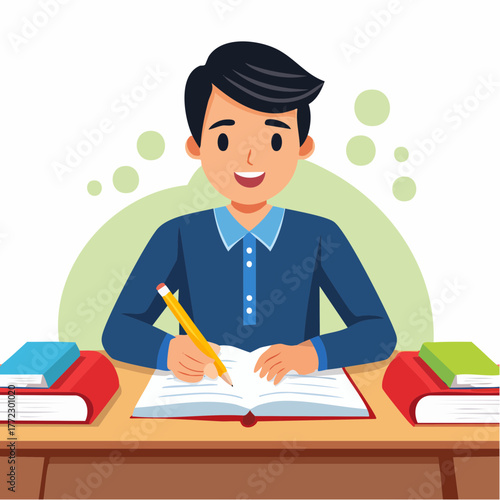 Male Student Writing in Notebook Surrounded by Books - AI Generated