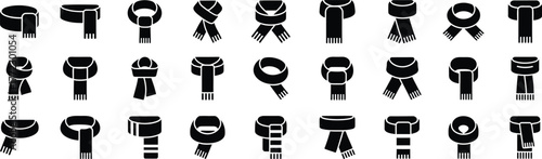 Collection of 30 black and white icons representing different scarf knots ties and neckwear styles in a grid layout for fashion and accessory design projects vector christmas