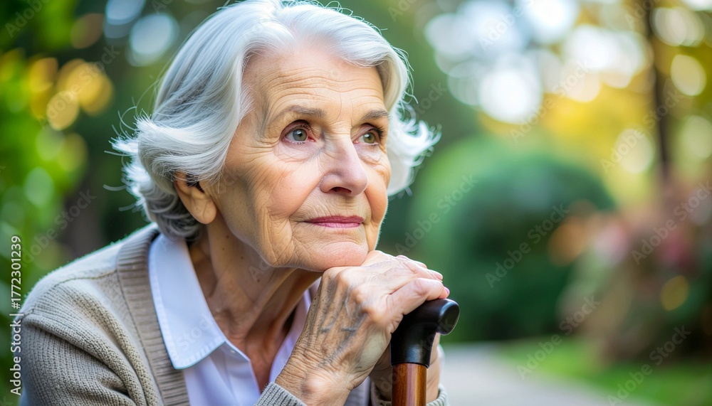 Obraz premium Pensive senior woman with grey hair keeping hand on handle of walking cane.