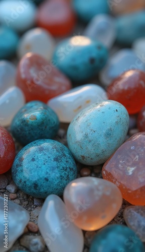 Macro Photography of Smooth Blue Red Pebbles and Gemstones