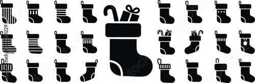 Collection of diverse christmas stocking icons featuring gifts and candy canes symbolizing holiday cheer and festive decorations for winter celebrations vector christmas
