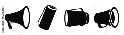 Set of four hand drawn black megaphones and cylindrical speakers icons