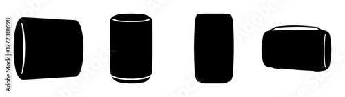 Four black cylindrical objects shown from different angles, isolated on white background