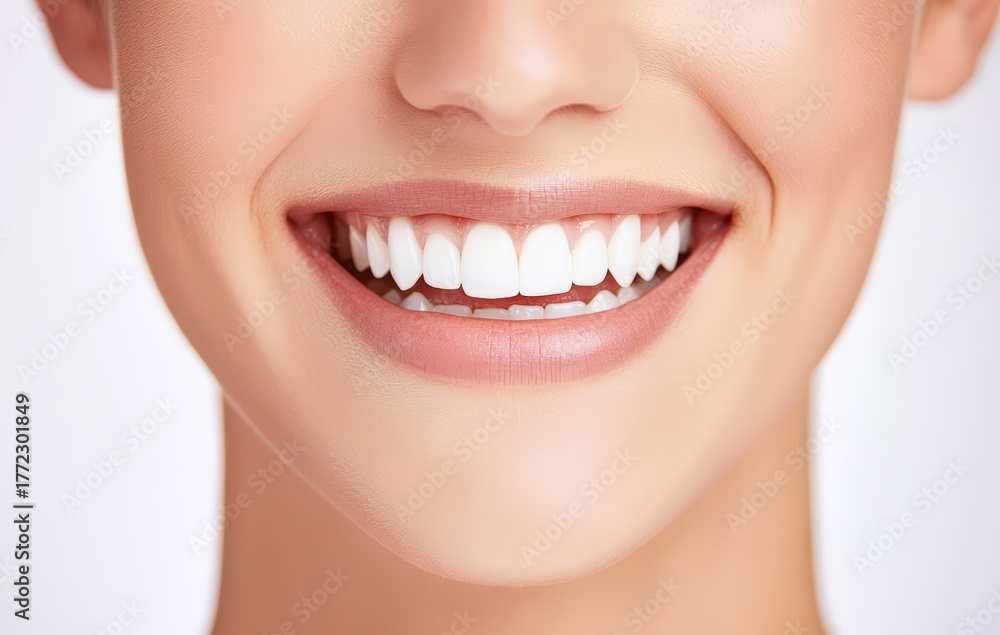 Obraz premium Young woman showing perfect white teeth, representing dental health, beauty, and happiness with oral care