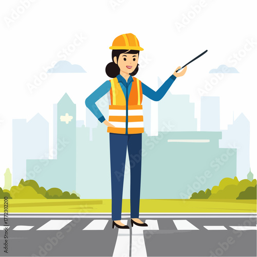 Female Road Safety Officer Directing Traffic - AI Generated