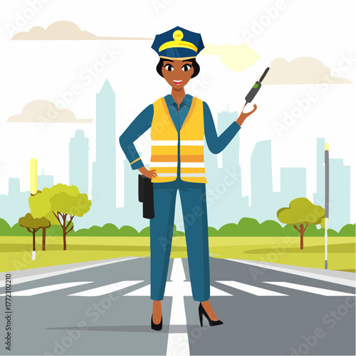 Female Traffic Police Officer with Walkie Talkie on City Road - AI Generated