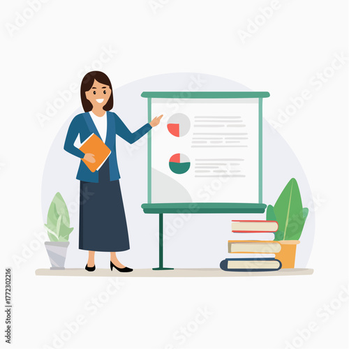 Female Teacher Explaining Data on Presentation Board - AI Generated