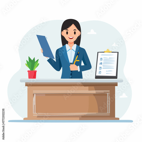 Female Receptionist Holding Document at Front Desk - AI Generated