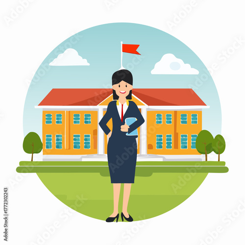 Female School Administrator Standing in Front of Building - AI Generated