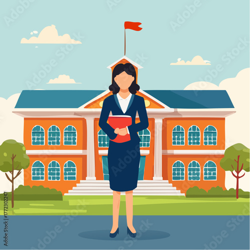 Female Principal Holding Books in Front of School - AI Generated