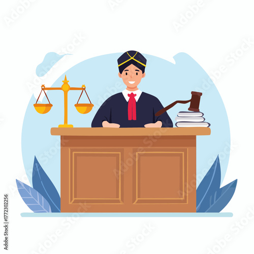 Judge Working in Court with Gavel and Law Books - AI Generated