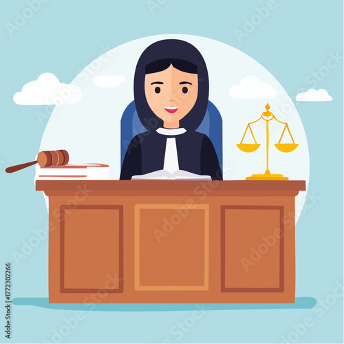 Female Judge Sitting at Desk with Justice Scale - AI Generated
