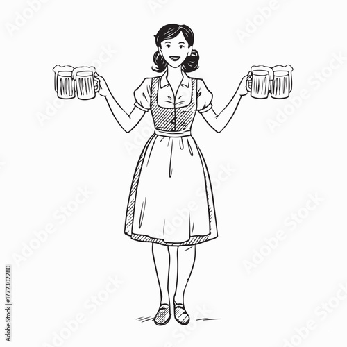 Cartoon Waitress in Cultural Dress Holding Beer Vector on white background
