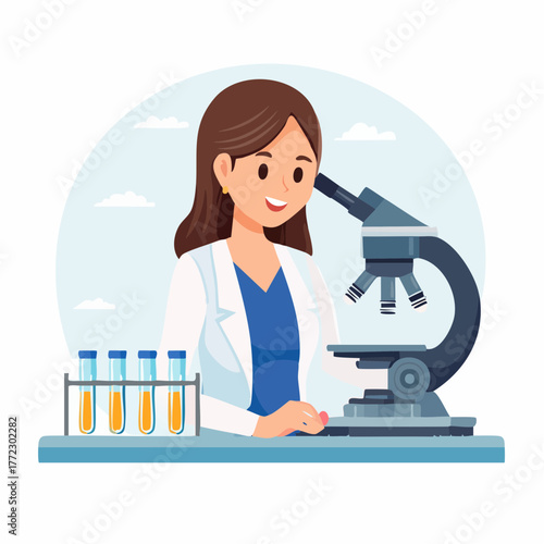 Female Scientist Using Microscope in Laboratory - AI Generated