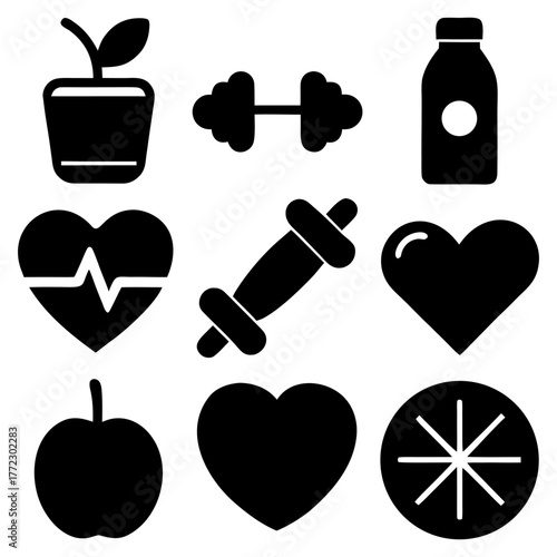 Exercise and nutrition icon set with heart, running shoe, and water bottle.