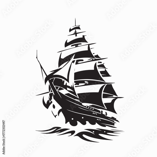 Pirate Ship in the Middle of the Sea Silhouette Vector on white background