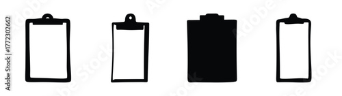 Collection of four clipboard icons showing different states and designs simple graphic representations