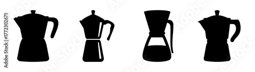 Collection of four black silhouette icons of coffee makers, including moka pots and a pourover coffee maker, isolated on white background