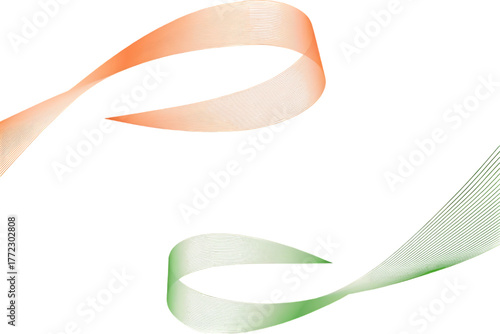 Abstract flowing ribbon shapes in orange and green against a stark black background creating a dynamic visual contrast