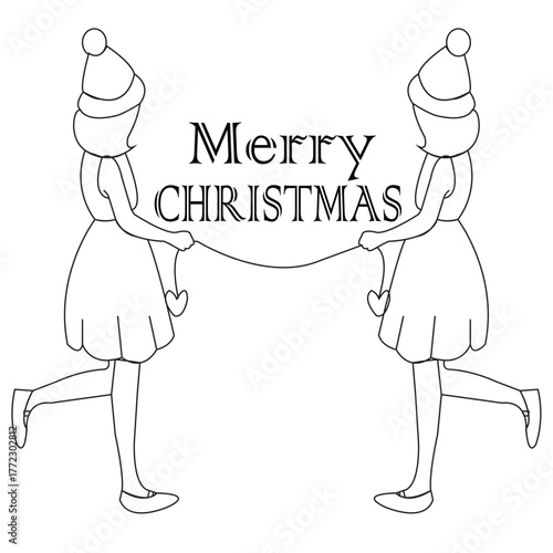 Merry Christmas Girls Line Art | Winter Outline Illustration