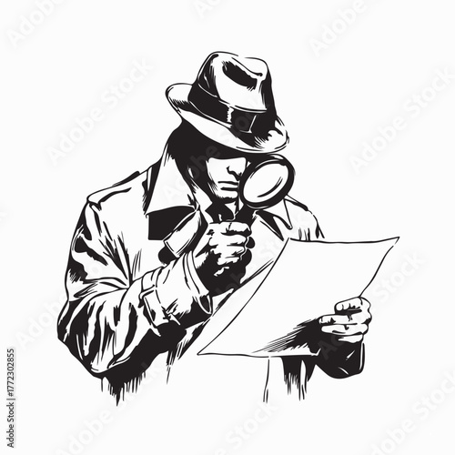 Detective Analyzing Document with Magnifying Glass Vector