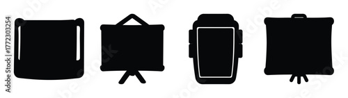 Collection of four black silhouette icons representing different types of projection screens and presentation boards, isolated on a