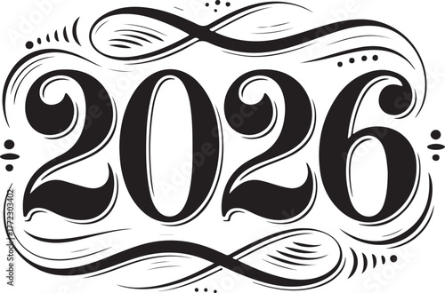 Elegant Vintage 2026 Typography Design in Black Ornament