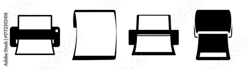 Four different black and white icons of printers and paper, isolated on a white background