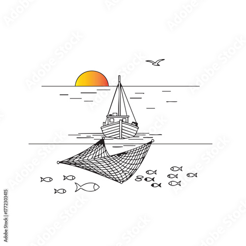 Fishing Trawler in Action Deploying Large Net