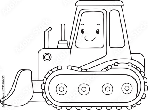 Cartoon bulldozer illustration with smiling face for children coloring and creative projects
