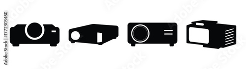 Collection of four diverse black projectors displayed from different angles on a