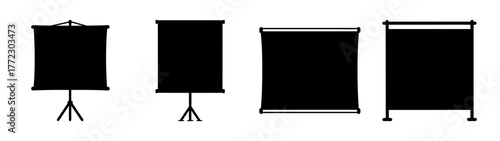 Collection of four black silhouette projection screens on a white background, showcasing different stands and frame styles for presentations and visual displays