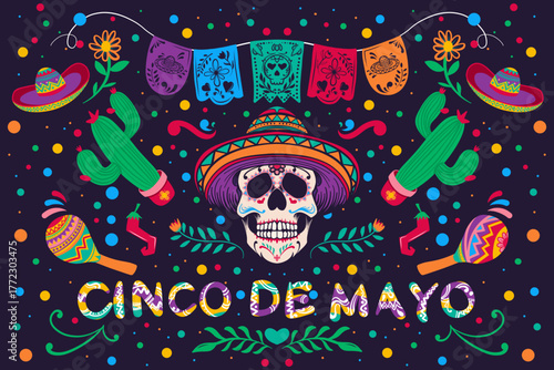 Cinco de Mayo - May 5, federal holiday in Mexico. Fiesta banner and poster design with flowers, decorations