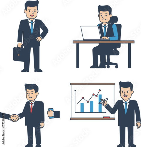 A collection of four vector illustrations showing a businessman in various corporate settings: standing with a briefcase, working on a laptop at a desk, engaging in a handshake while holding a phone,