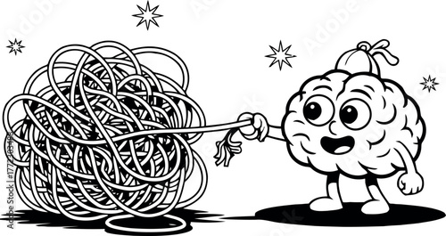 Cartoon brain character untangling a large ball of string vector