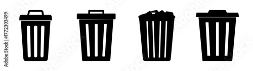 Four black silhouette trash cans with different designs, including one overflowing with trash, isolated on a white background
