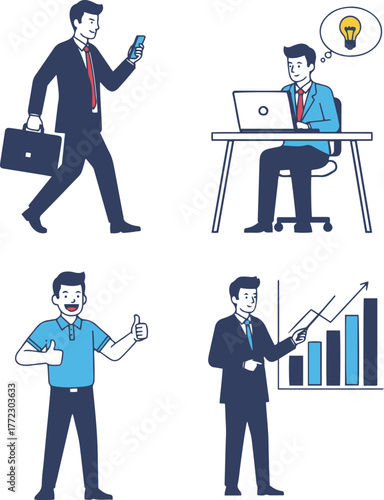 A set of four vector illustrations depicting businessmen in various professional and casual scenarios: walking with a briefcase and phone, working at a desk with an idea,