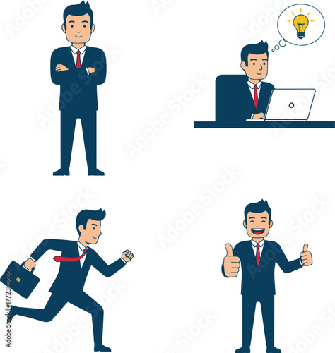 A collection of four vector illustrations showing a businessman in various poses: confident with arms crossed, working on a laptop with an idea, running with a briefcase, and happily giving a double t