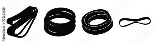 Collection of black rubber bands in various forms including a clamp and different sizes