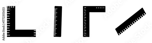 Set of four black lshaped rulers with measurement markings, isolated on white background