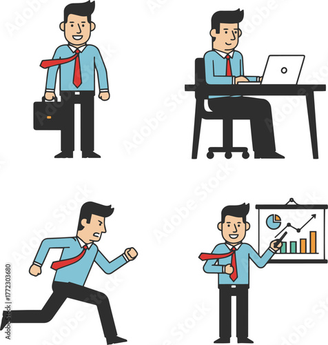 A collection of four vector illustrations showing a businessman in various common office and work situations: standing with a briefcase, working at a laptop, running, and giving a presentation with a 