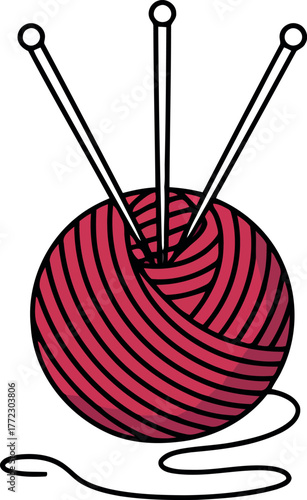 Red yarn ball with three knitting needles and loose thread craft hobby