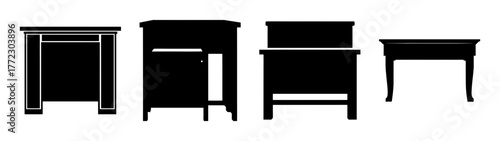 Collection of four black silhouette icons of different desks and tables, isolated on a white background
